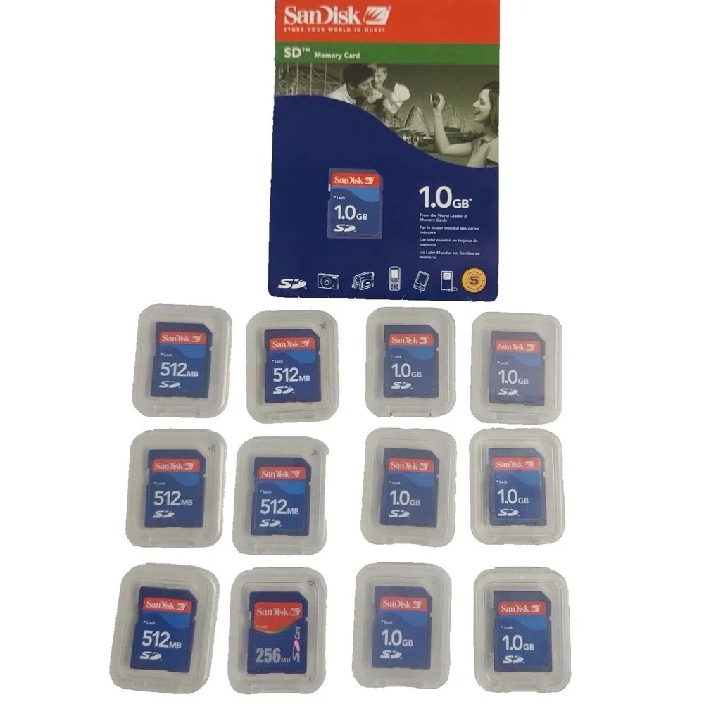 San Disk SD Memory Cards 1.0 GB 256 MB 512 MB Lot of 12 with Cases